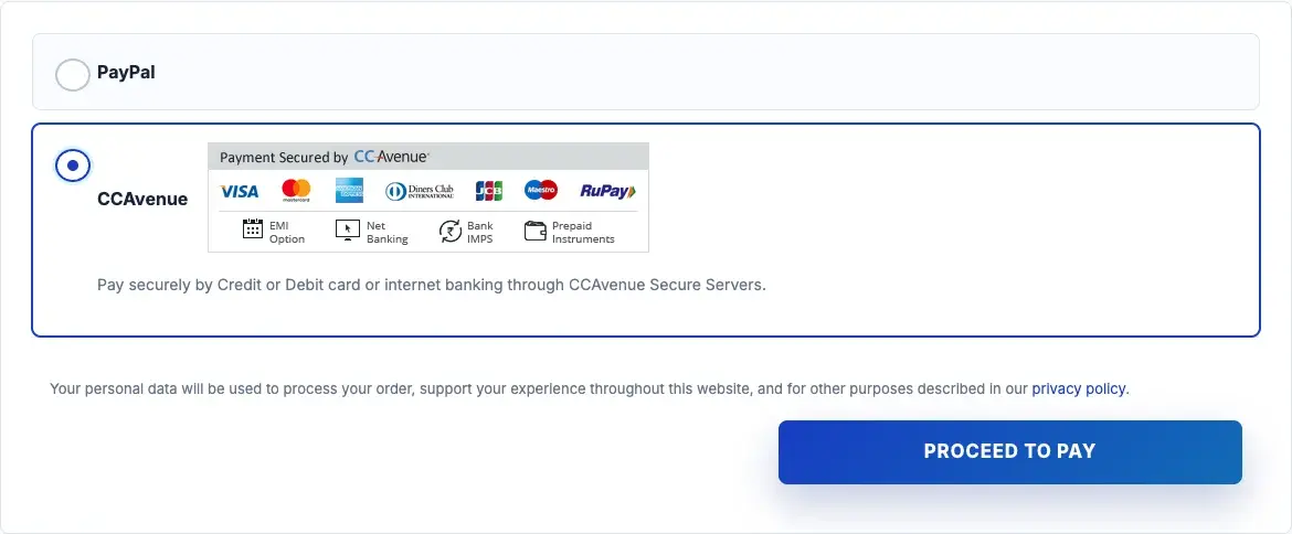 CCAvenue payment option displayed at WooCommerce checkout alongside other payment methods