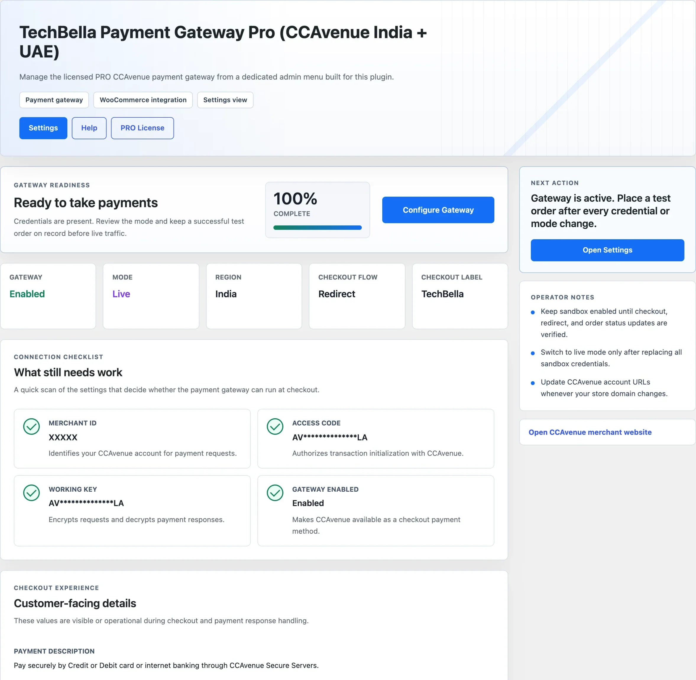 TechBella Payment Gateway Pro setup dashboard showing gateway readiness checklist