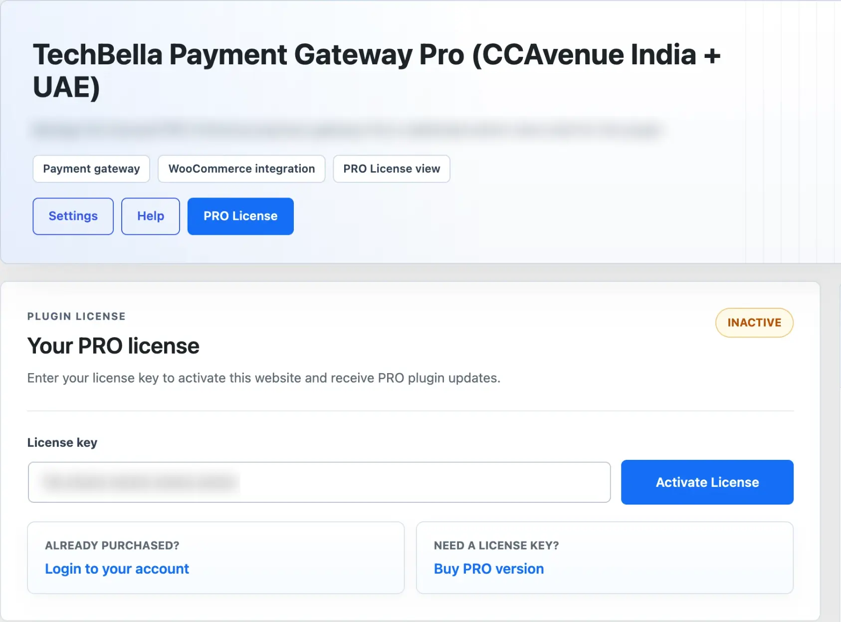 TechBella Payment Gateway Pro license management screen in WordPress admin