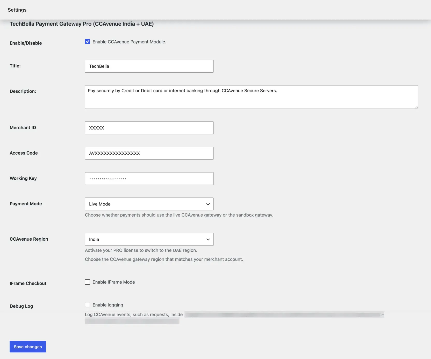 CCAvenue gateway settings screen - Merchant ID, Access Code, Working Key, and region selection